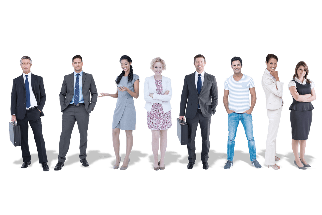 Diverse Group of Business Professionals Holding Suitcases on Transparent Background