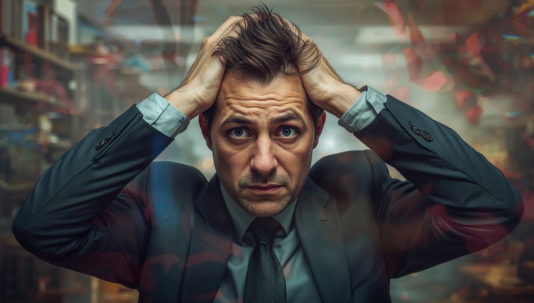 Stressed Businessman Surrounded by Chaos in Office Archive