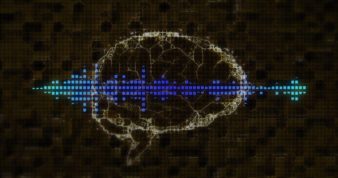Digital Brain with Pulsating Sound Wave on Futuristic Grid