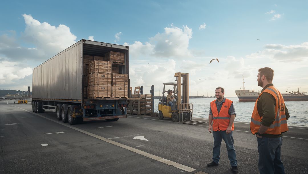 Harbor logistics team loading wooden crates into trailer with yellow forklift at quay
