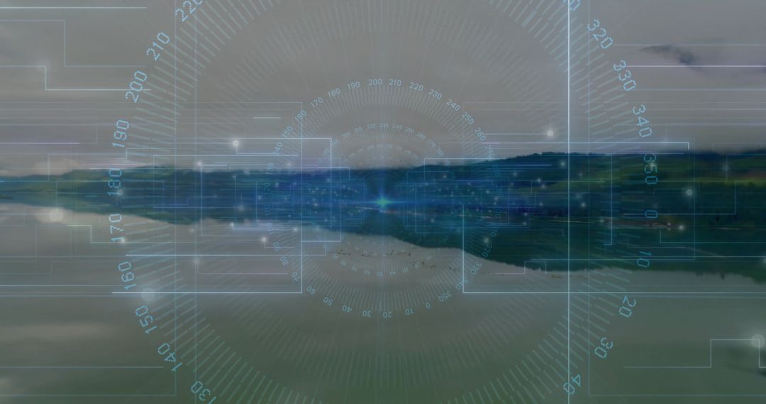 Futuristic Interface Overlaying Serene Lakeshore