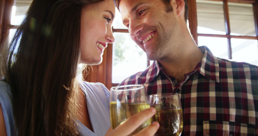 Couple Toasting with White Wine and Smiling in Sunlit Room - Free Images, Stock Photos and Pictures on Pikwizard.com