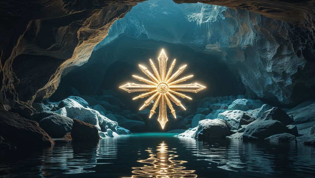 Glowing eight-pointed god symbol illuminating enchanted cave chamber