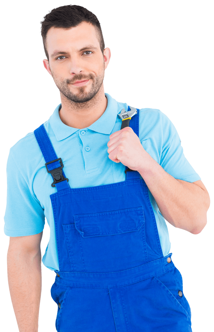 Smiling Repairman Holding Adjustable Wrench On Transparent Background