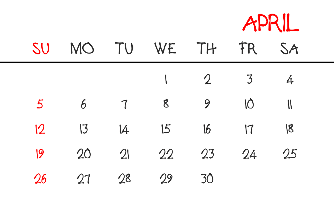 Transparent April Calendar Illustration with Distinctive Red Highlights
