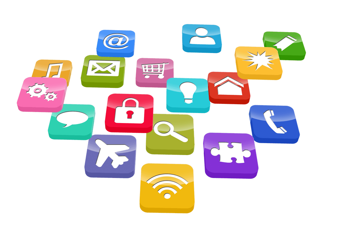 Colorful Network and Communication Icons on Transparent Background