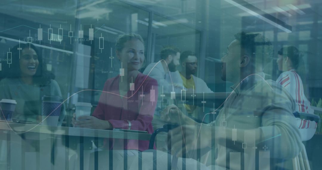 Team Discussing Finance Over Coffee with Stock Chart Overlay in Bright Team Workspace