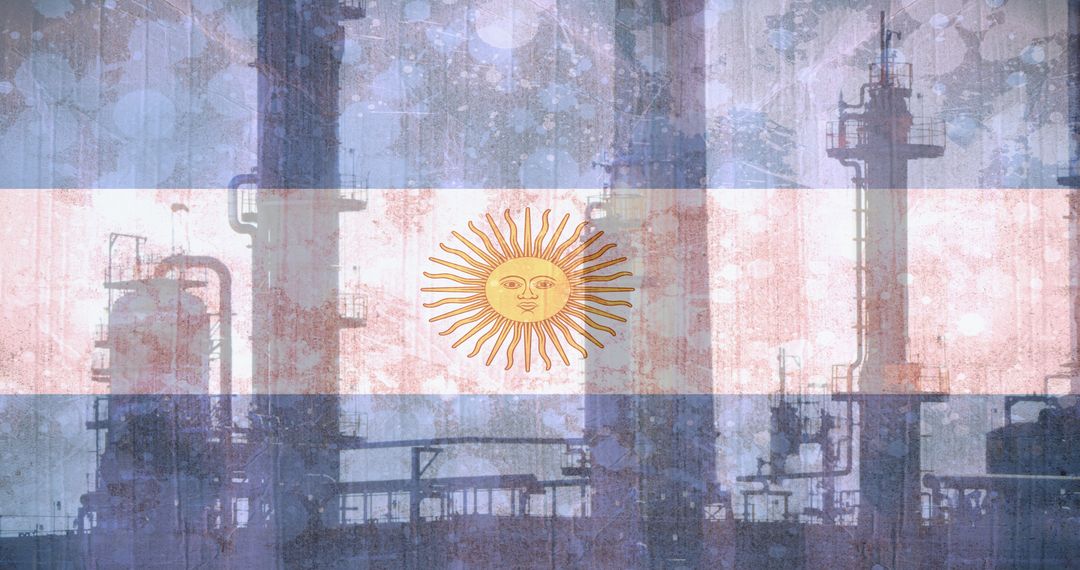 Argentinian Flag Overlay on Industrial Factory Silhouettes