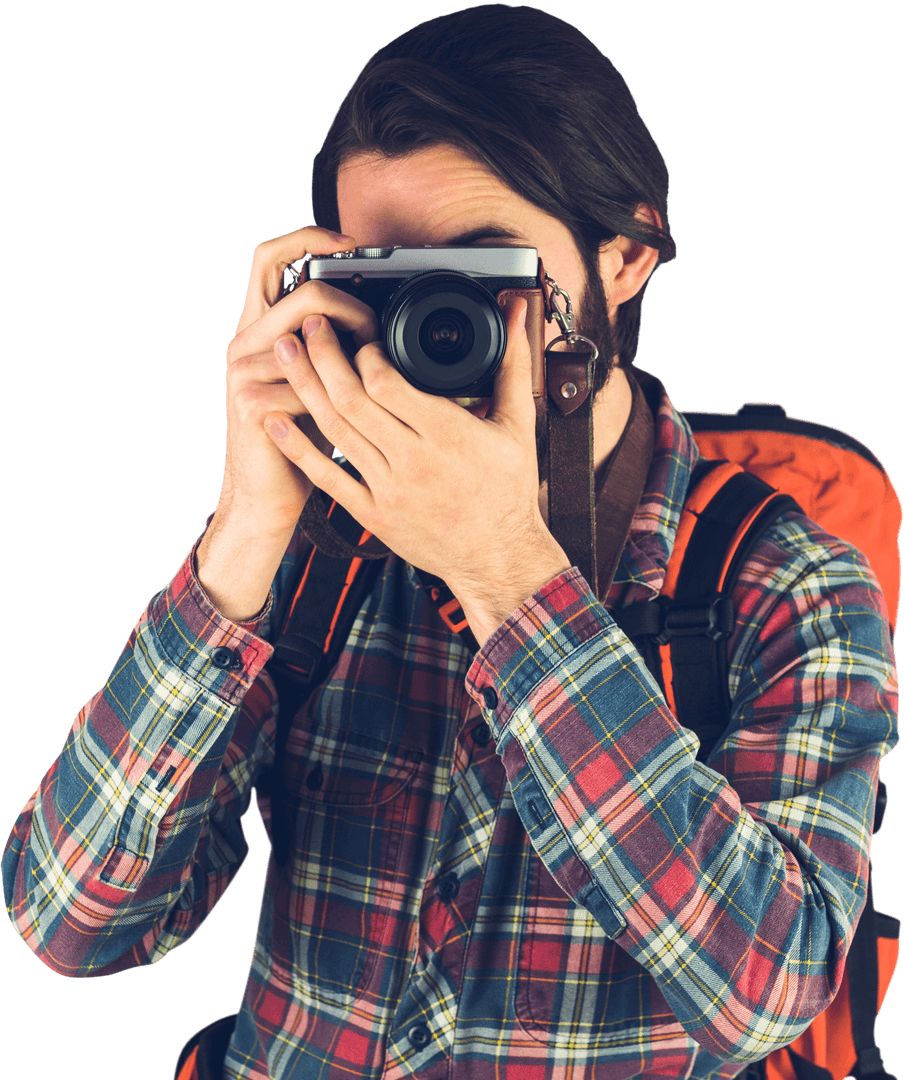 Hiker Capturing Moment with Camera, Transparent Background