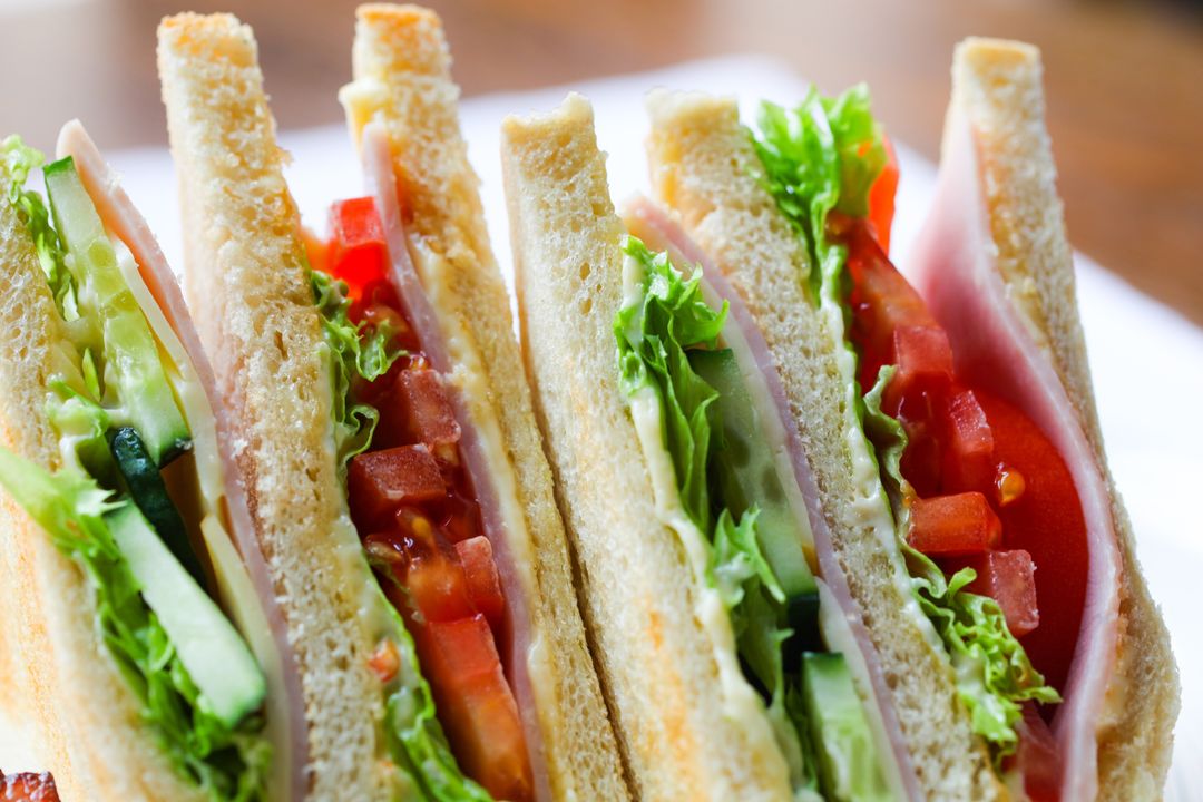 Fresh Ham and Veggie Club Sandwich Slices on Toasted Bread