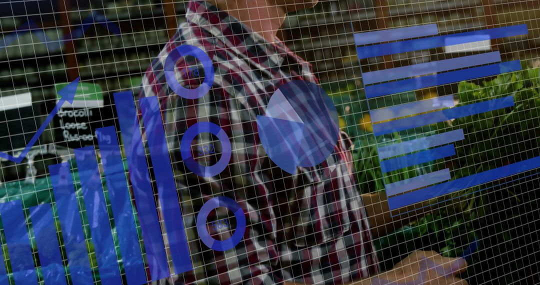 Caucasian Man Grocery Shopping with Digital Data Overlay