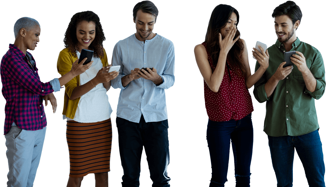 Diverse Group Enjoying Smartphones, Transparent Background