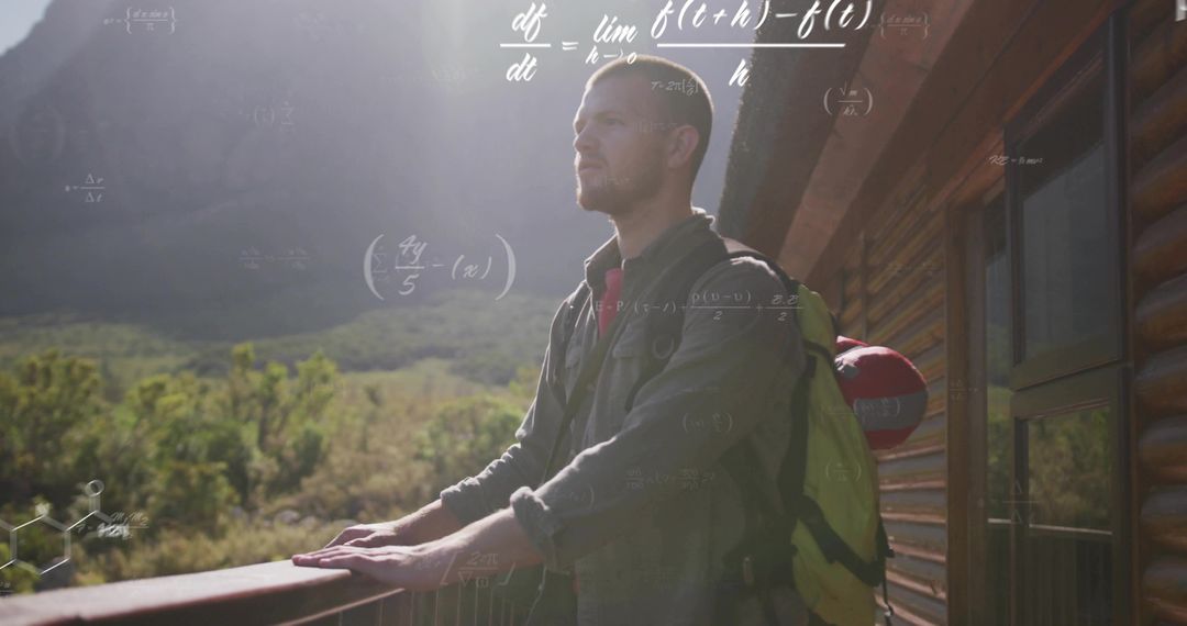 Hiker Reflecting on Nature with Mathematics Layered Background