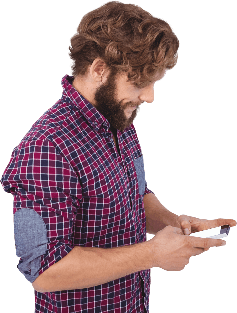 Side Profile of Hipster Texting on Smartphone Transparent Background