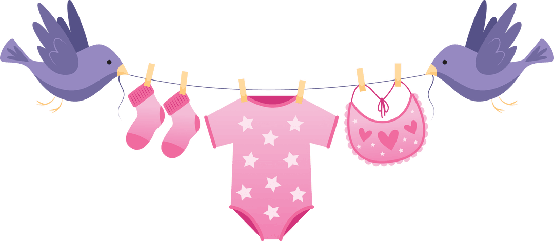 Illustrative birds hanging pink baby clothes on transparent background