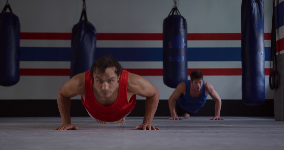 Fitness Enthusiasts Doing Push-Ups in Gym with Punching Bags - Free Images, Stock Photos and Pictures on Pikwizard.com