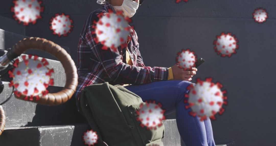 Masked Person on Steps Using Smartphone Amid Virus Illustrations