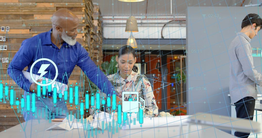 Dynamic Financial Data Overlay in Modern Office with Diverse Team