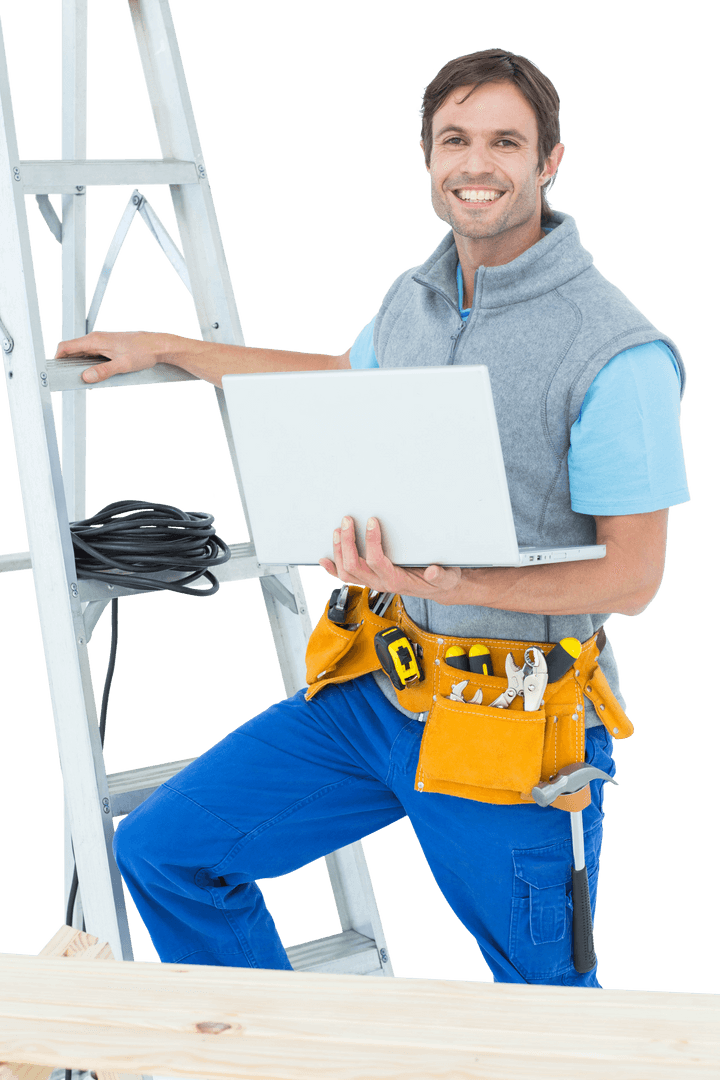 Smiling Transparent Electrician with Laptop by Ladder
