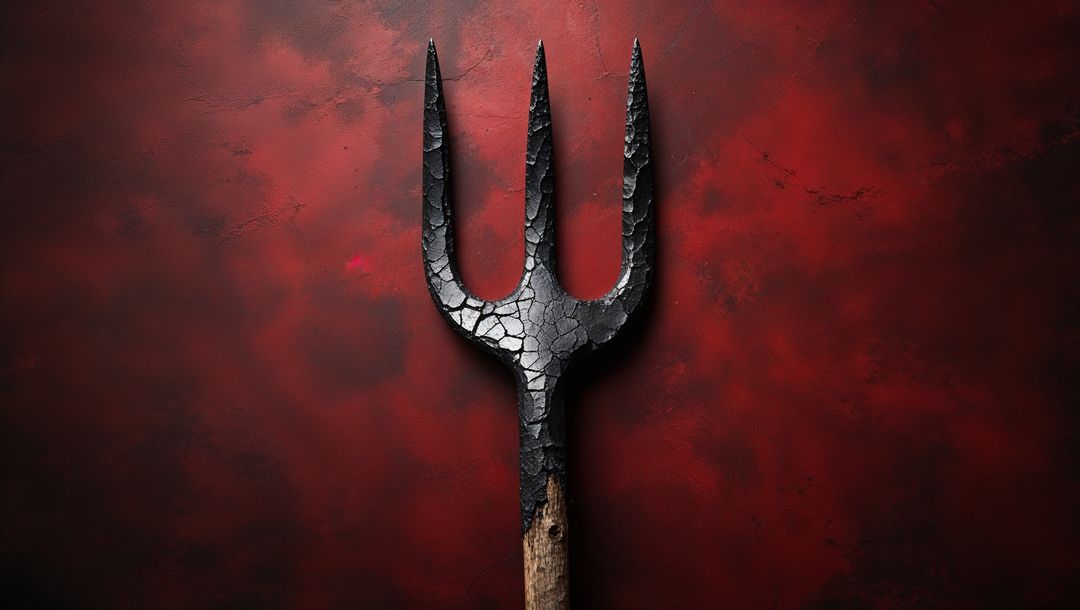 Retro Metallic Three-Pronged Pitchfork on Crimson Background