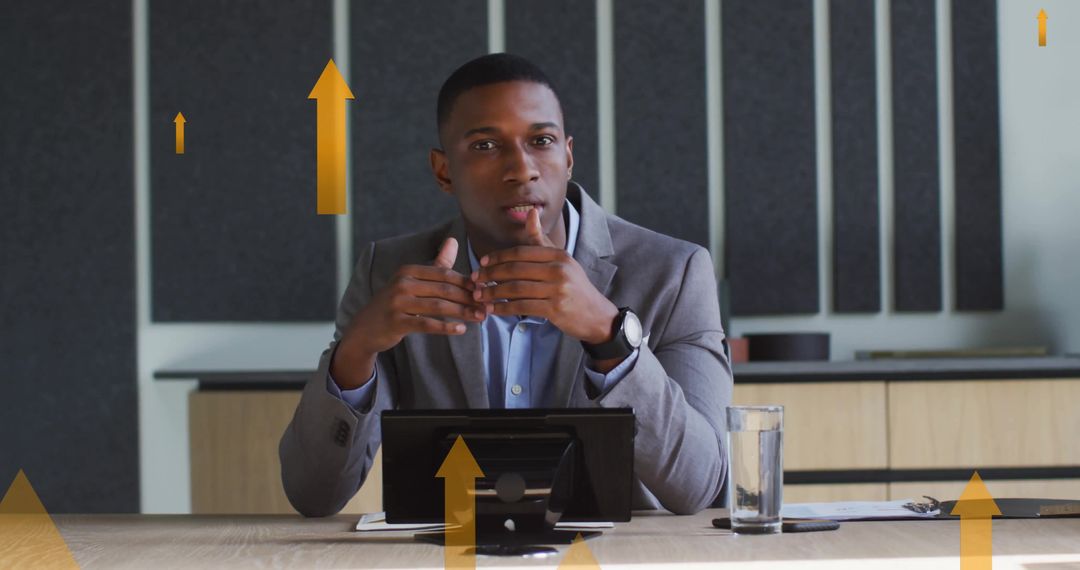 Confident Businessman Having Remote Meeting with Arrows Illustration