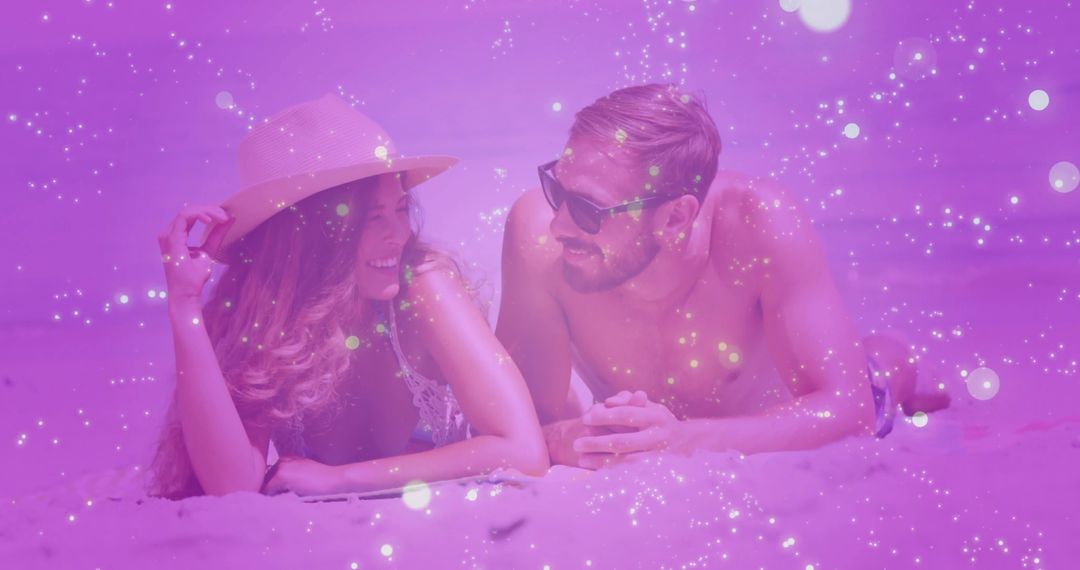 Couple Relaxing on Beach with Sparkling Overlay