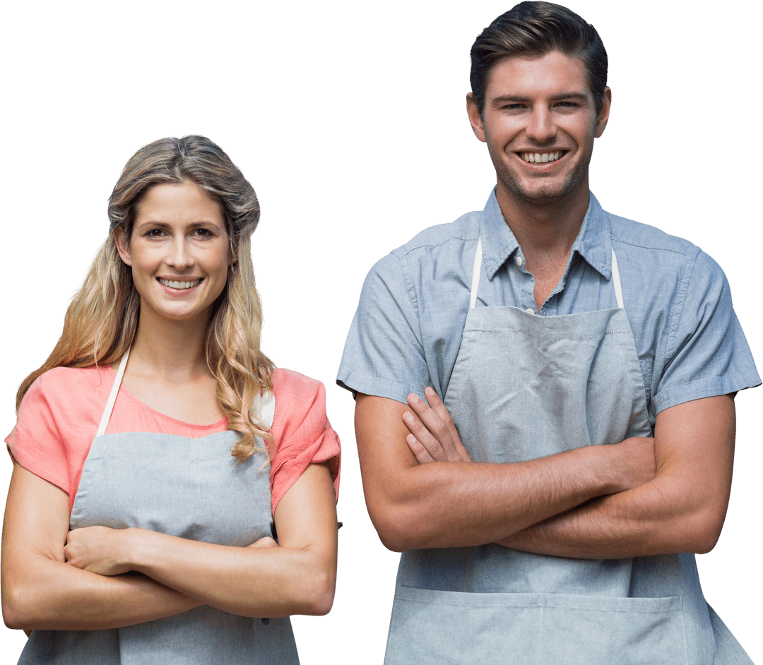 Transparent Portrait of Smiling Young Couple in Aprons with Arms Crossed