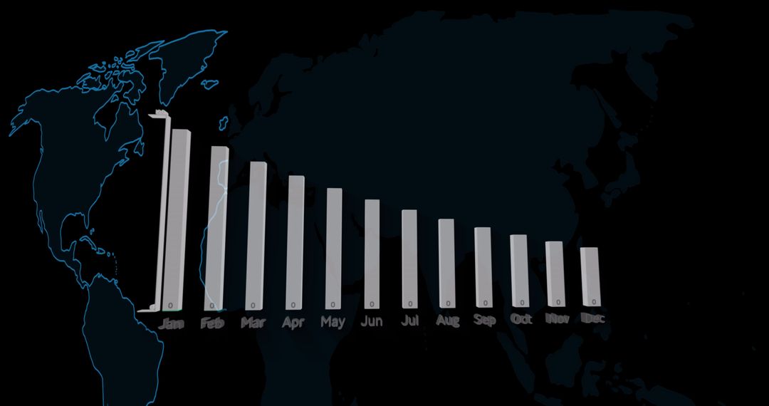 3D Bar Graph on World Map Illustrating Monthly Data