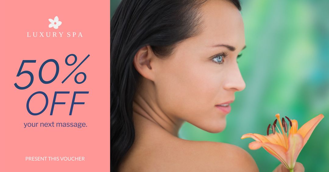 Serene Woman with Lily Promoting Spa Massage Discount