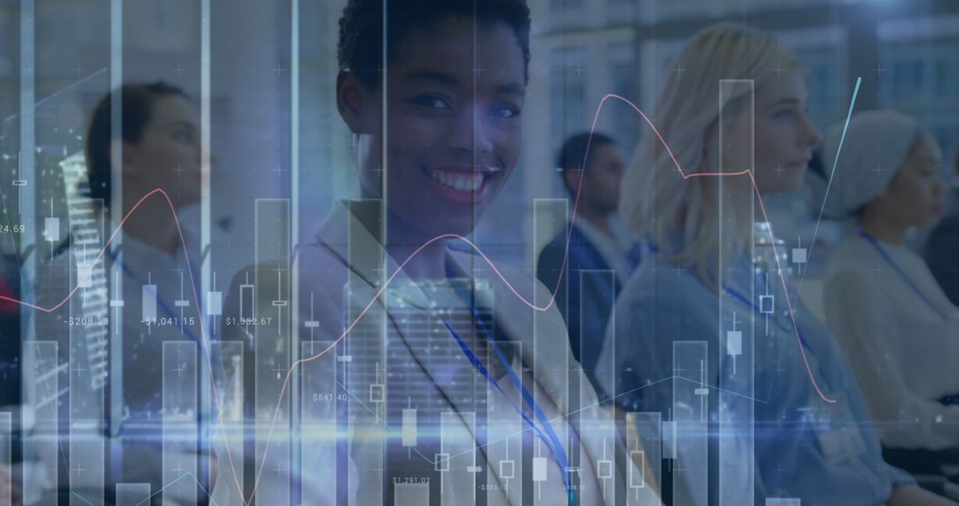 Diverse Business Team Amidst Financial Data Visualizations