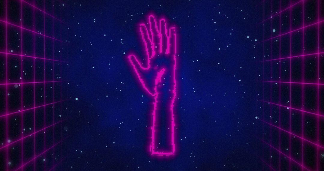 Neon Holographic Hand in Virtual Space