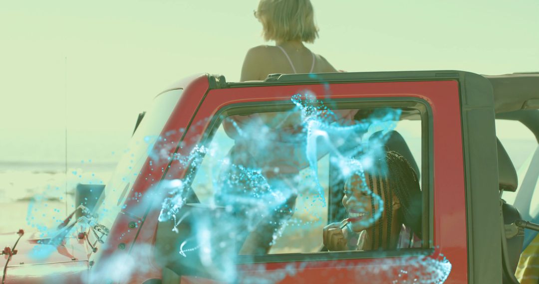 Joyful Road Trip by Ocean with Lipstick and Convertible