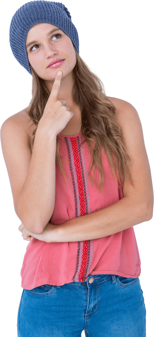 Thoughtful Woman Wearing Beanie Posing on Transparent Background