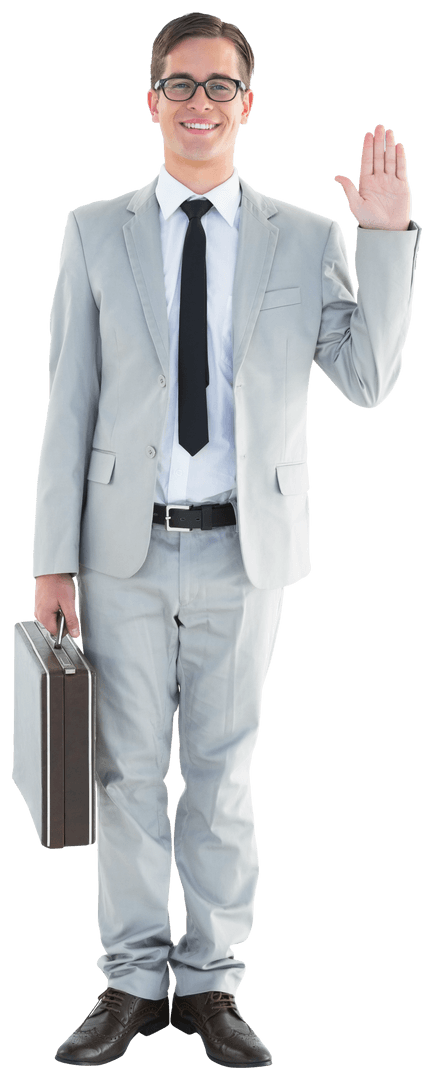 Transparent Waving Businessman in Gray Suit with Briefcase