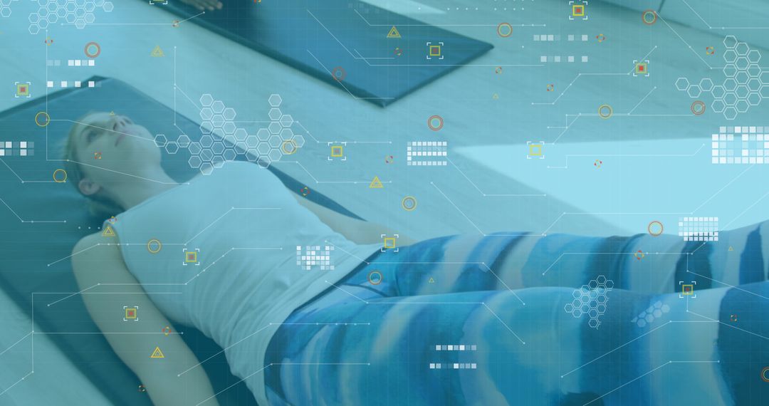 Woman Relaxing at Gym with Futuristic Digital Interface Visuals