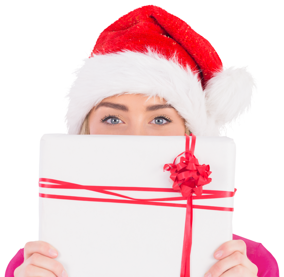 Festive Woman in Santa Hat Holding Wrapped Christmas Gift Box Transparent - Download Free Stock Images Pikwizard.com