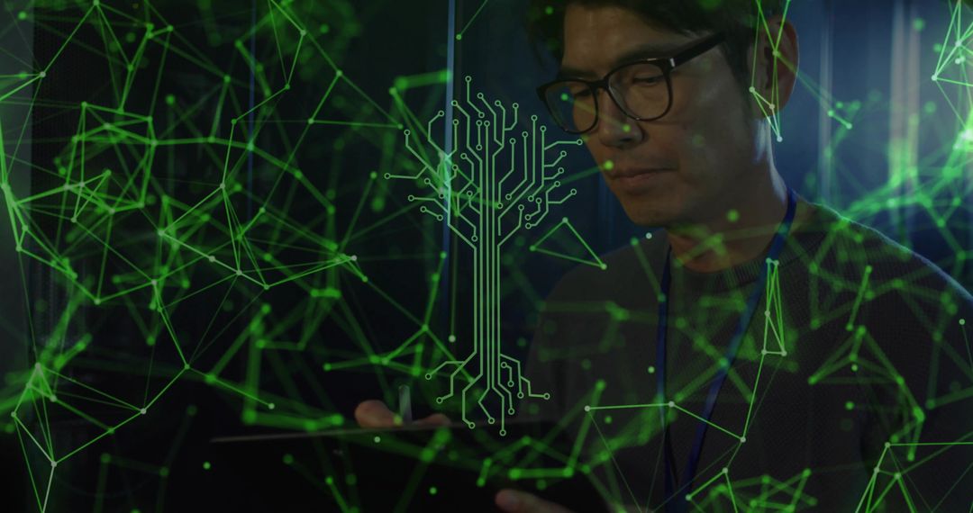 Korean Engineer Analyzing Data in Dim Server Room with Digital Overlay