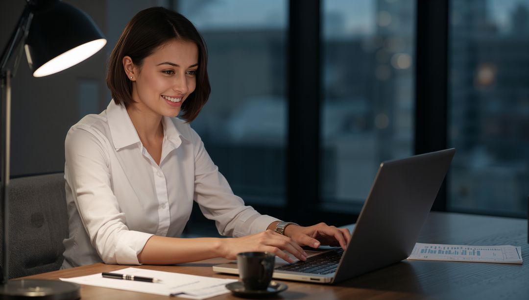 Smiling Businesswoman Working Late in Office