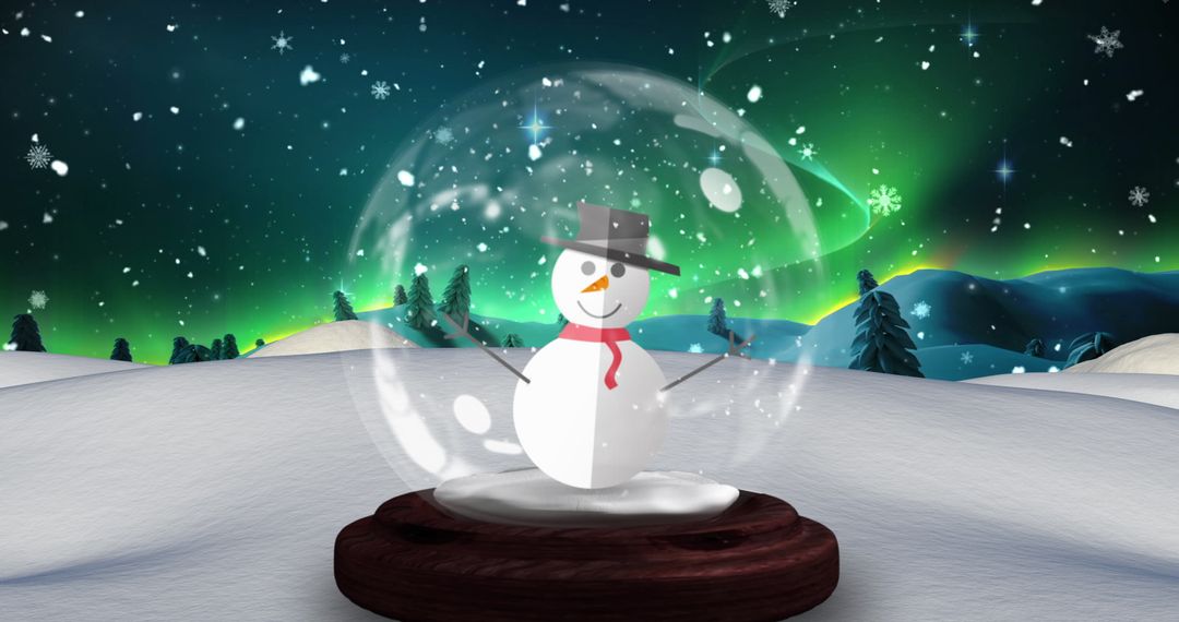 Whimsical Snow Globe with Snowman Against Northern Lights