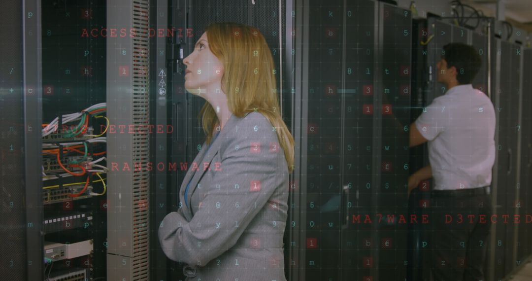 Cybersecurity Specialist Analyzing Data in Server Room