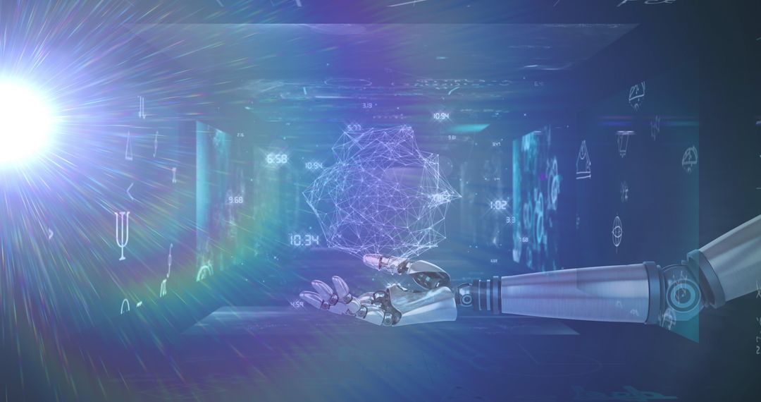 Robot Arm Interacting with Futuristic Holographic Data