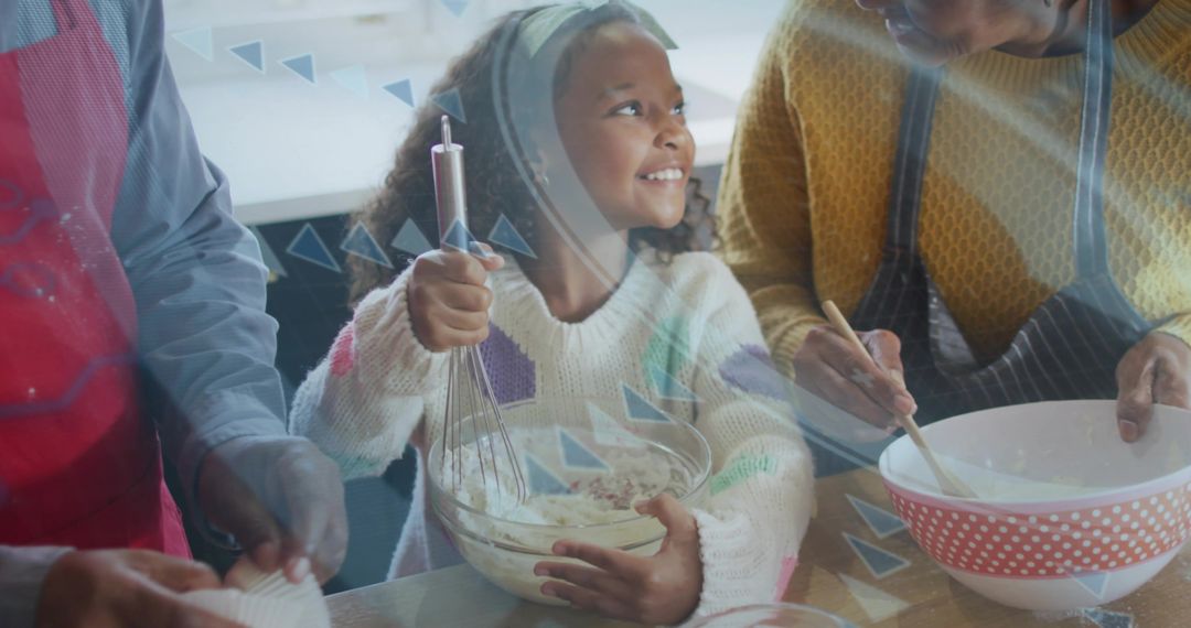 Multigenerational family baking together: smiling girl whisking batter with seniors
