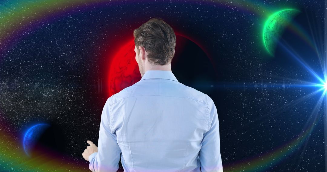 Man Gazing into Colorful Cosmic Universe