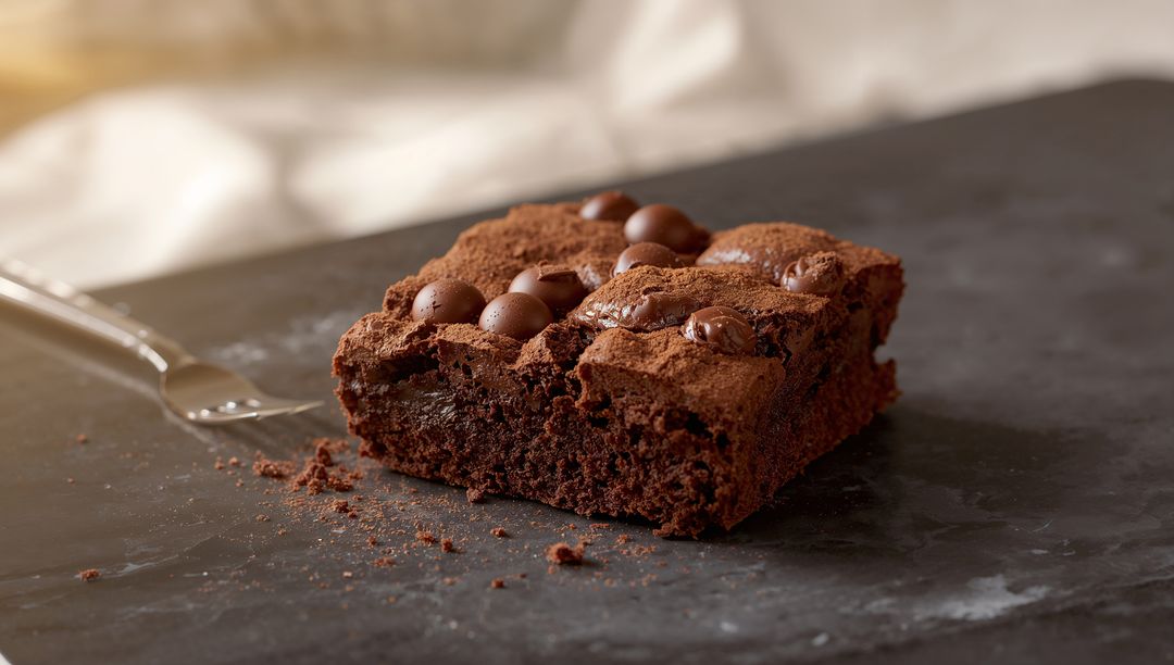 Showcasing fudgy chocolate brownie with glossy chocolate pearls and cocoa dusting on slate