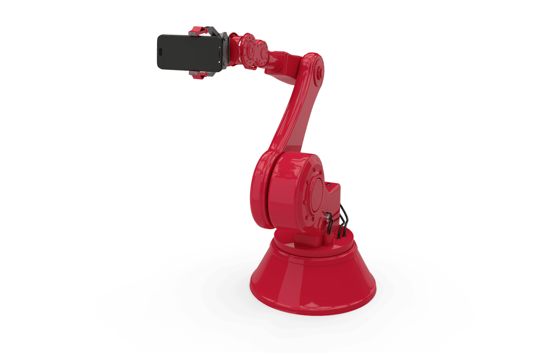 Transparent Red Robotic Arm Holding Smartphone Isolated