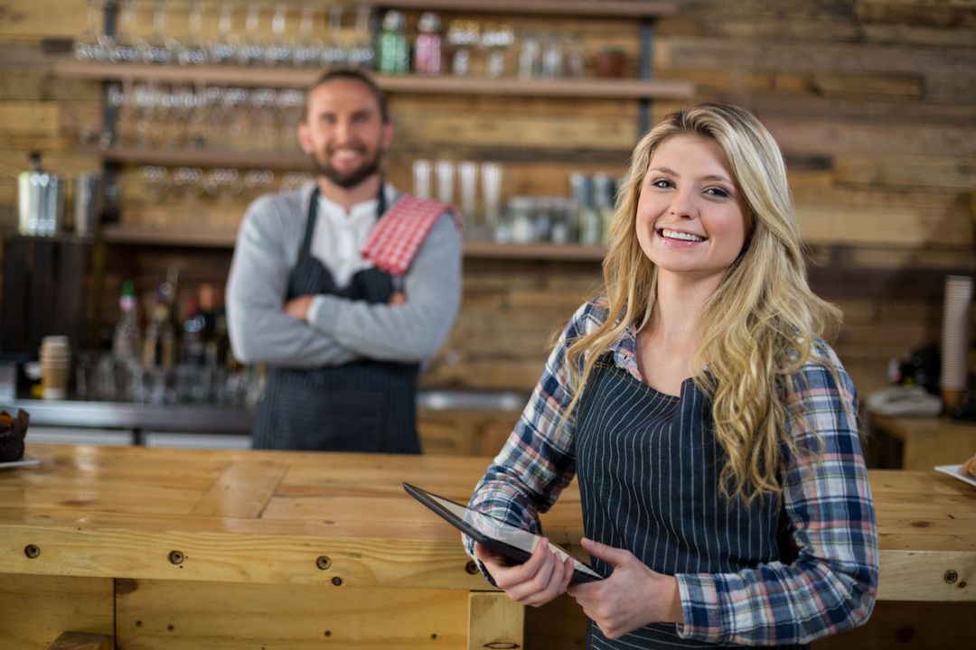 Smiling Waitress Holding Digital Tablet in Cozy Cafe