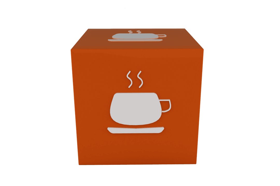 Transparent Cube with Steaming Cup Icon on Orange Background