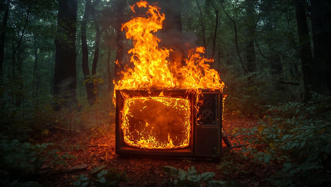 Vintage CRT Television Ablaze in Forest Setting