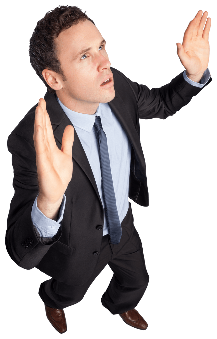 Transparent Background Businessman with Raised Arms Looking Upward
