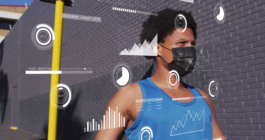 Digital Data Interface with African American Man Exercising Outdoors